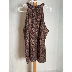 Brown Leopard Print Halter Neck Sleeveless Blouse Pleated Keyhole Back Top